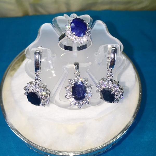 Set of Sapphire (Earing, Pendent, Ring), 92.5% Silver